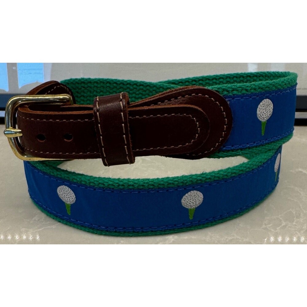 Preston Golf Ball Leather Canvas Golf Belt Brass Buckle Size 28 USA Made - Blue
